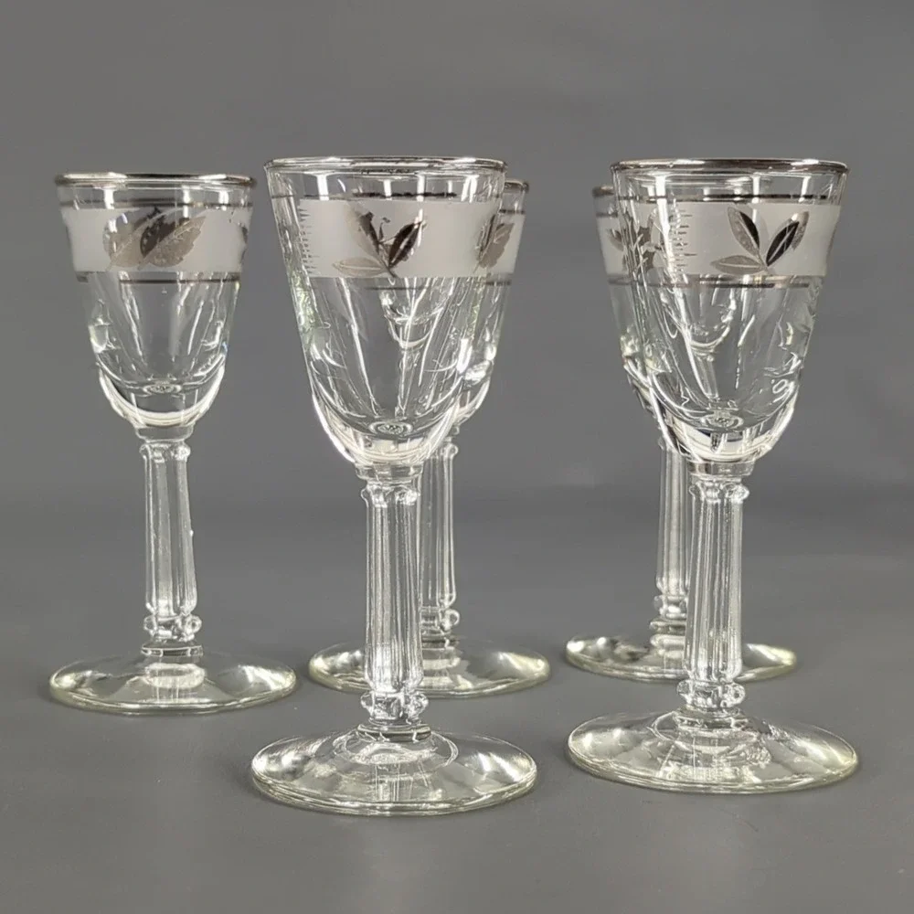 Vintage Silver Leaf Frosted Cordial Glasses Set of 5 Stemmed Liqueur Glassware